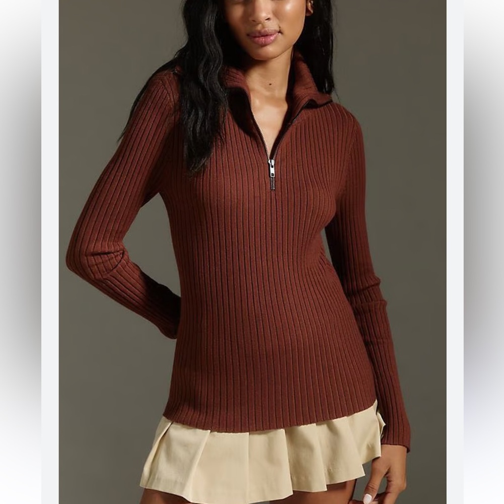 Maeve Size XXS Brown Ribbed Half-Zip Sweater